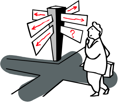 Illustration of clinician at a crossroads with question marks