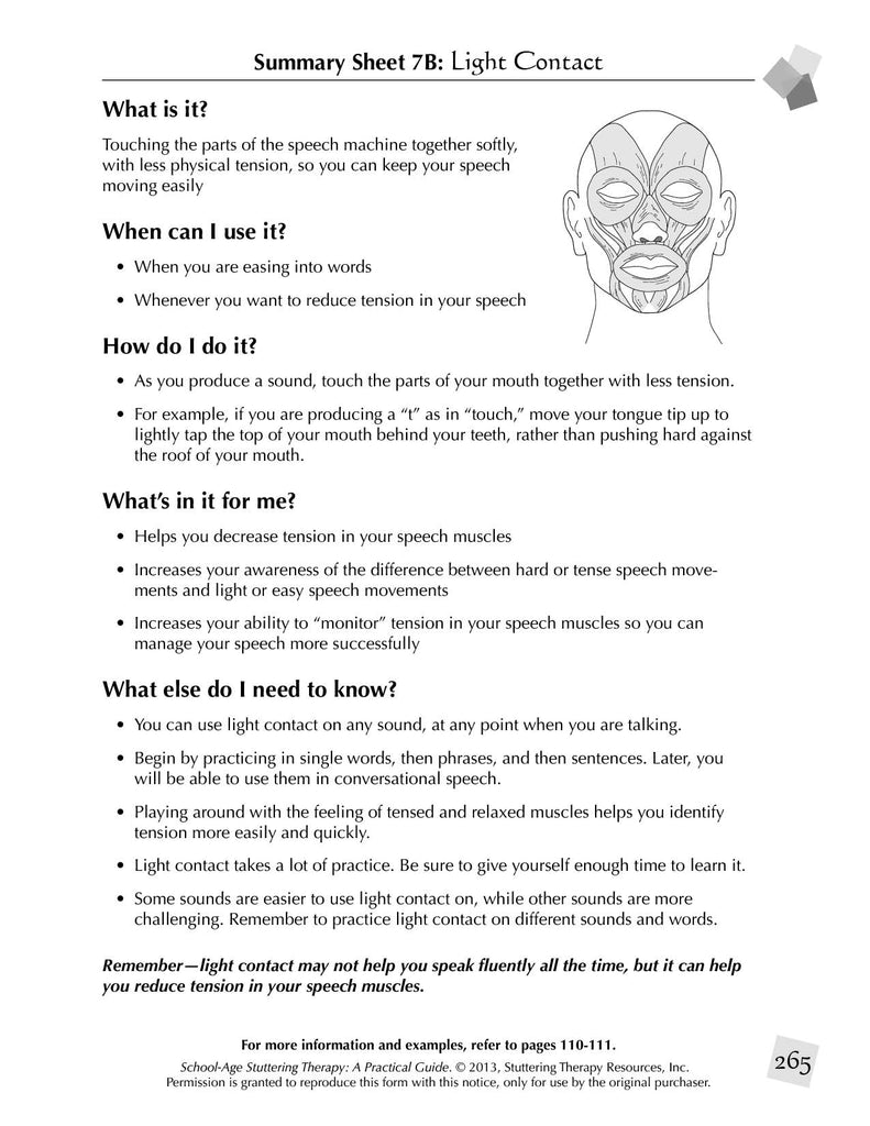 Stuttering Therapy Resources School-Age Practical Guide Summary Sheet - Light Contact