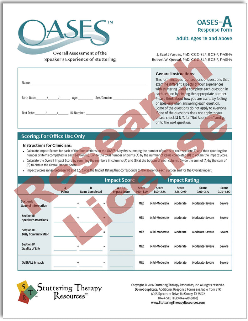 Stuttering Therapy Resources Overall Assessment of the Speaker's Experience of Stuttering OASES Research License OASES-A Image