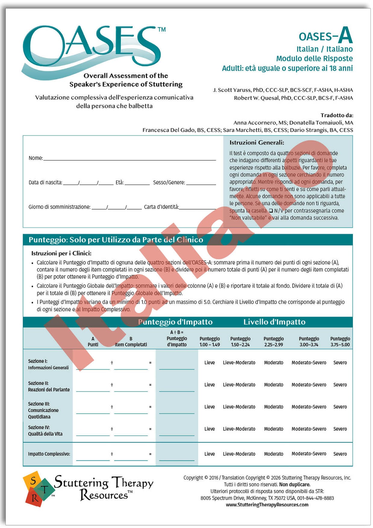 OASES Italian / Italiano (Print-Your-Own) – Stuttering Therapy Resources