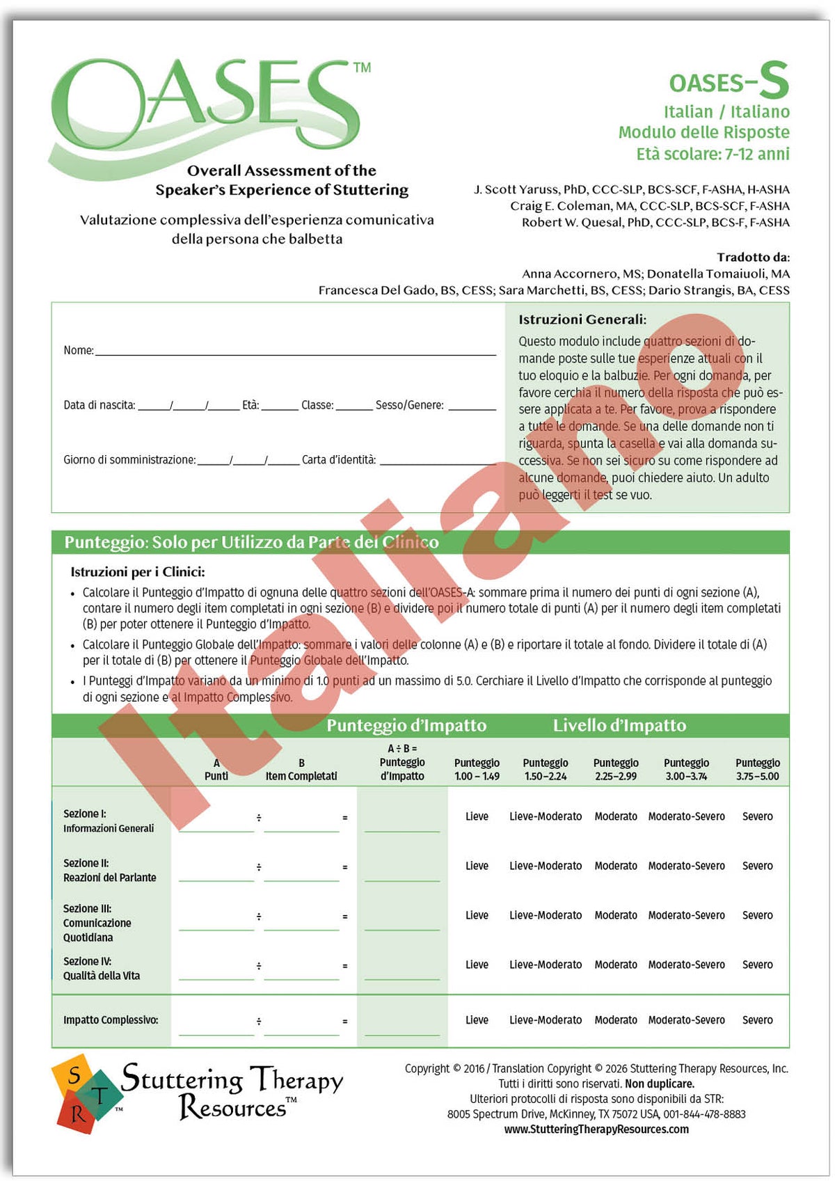 OASES Italian / Italiano (Print-Your-Own) – Stuttering Therapy Resources