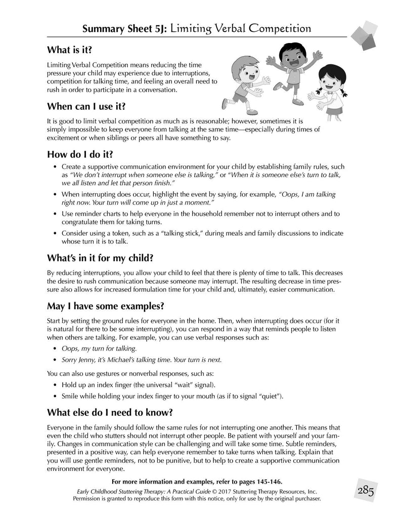 Stuttering Therapy Resources Early Childhood Practical Guide Summary Sheet - Limiting Verbal Competition