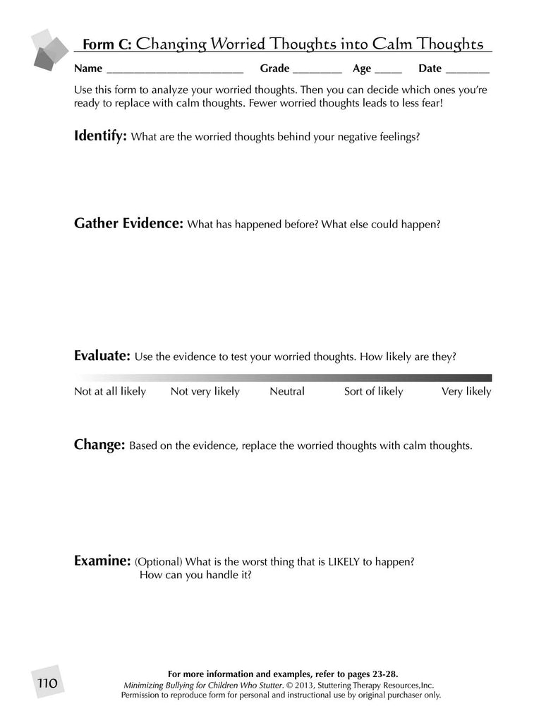 Stuttering Therapy Resources Minimizing Bullying for Children Speech-Language Pathologist SLP Guide Sample Page - Changing Worried Thoughts