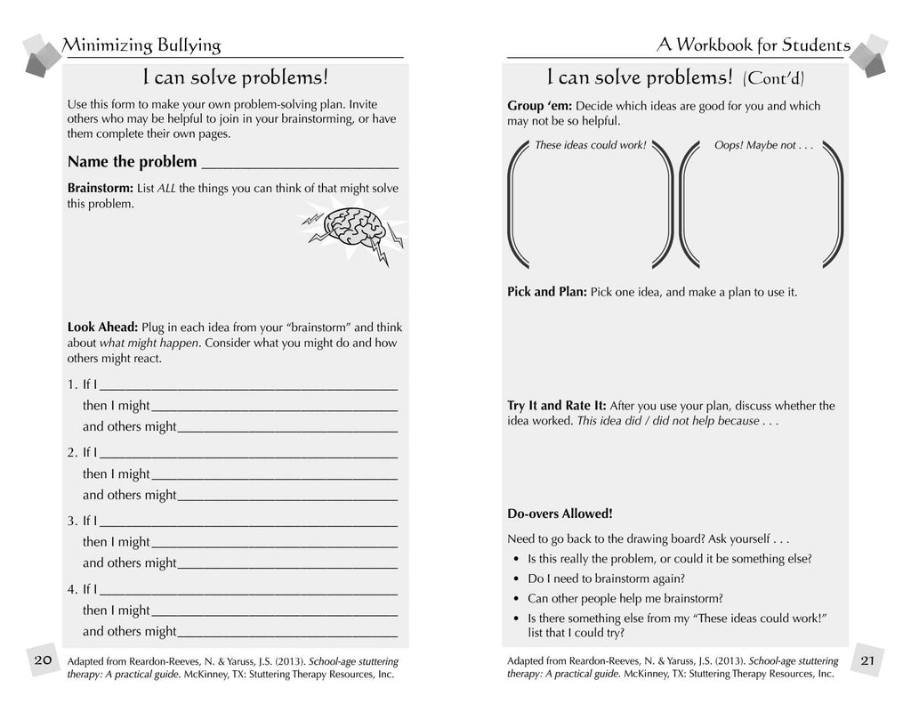 Stuttering Therapy Resources Minimizing Bullying for Children Speech-Language Pathologist Workbook for Students Sample Page - Solve Problems