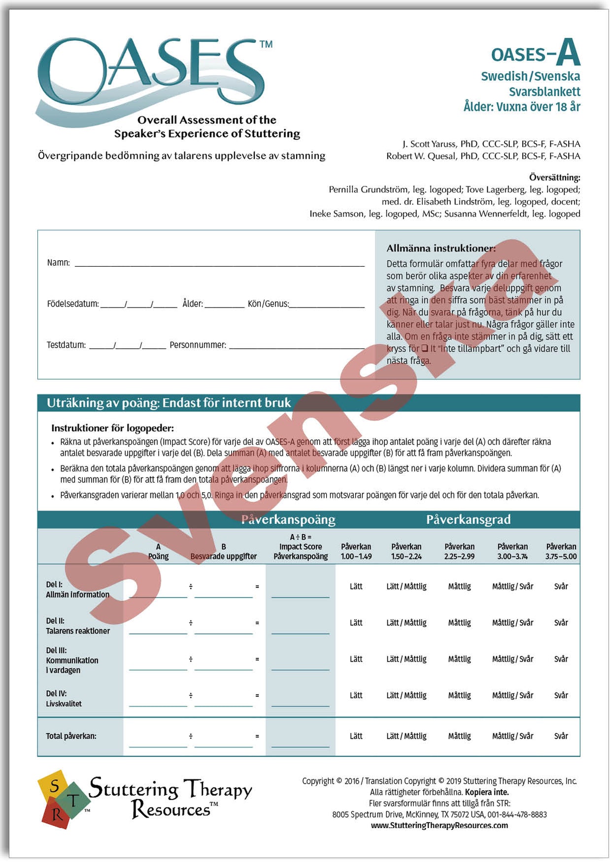 OASES Swedish / Svenska (Print-Your-Own) – Stuttering Therapy Resources