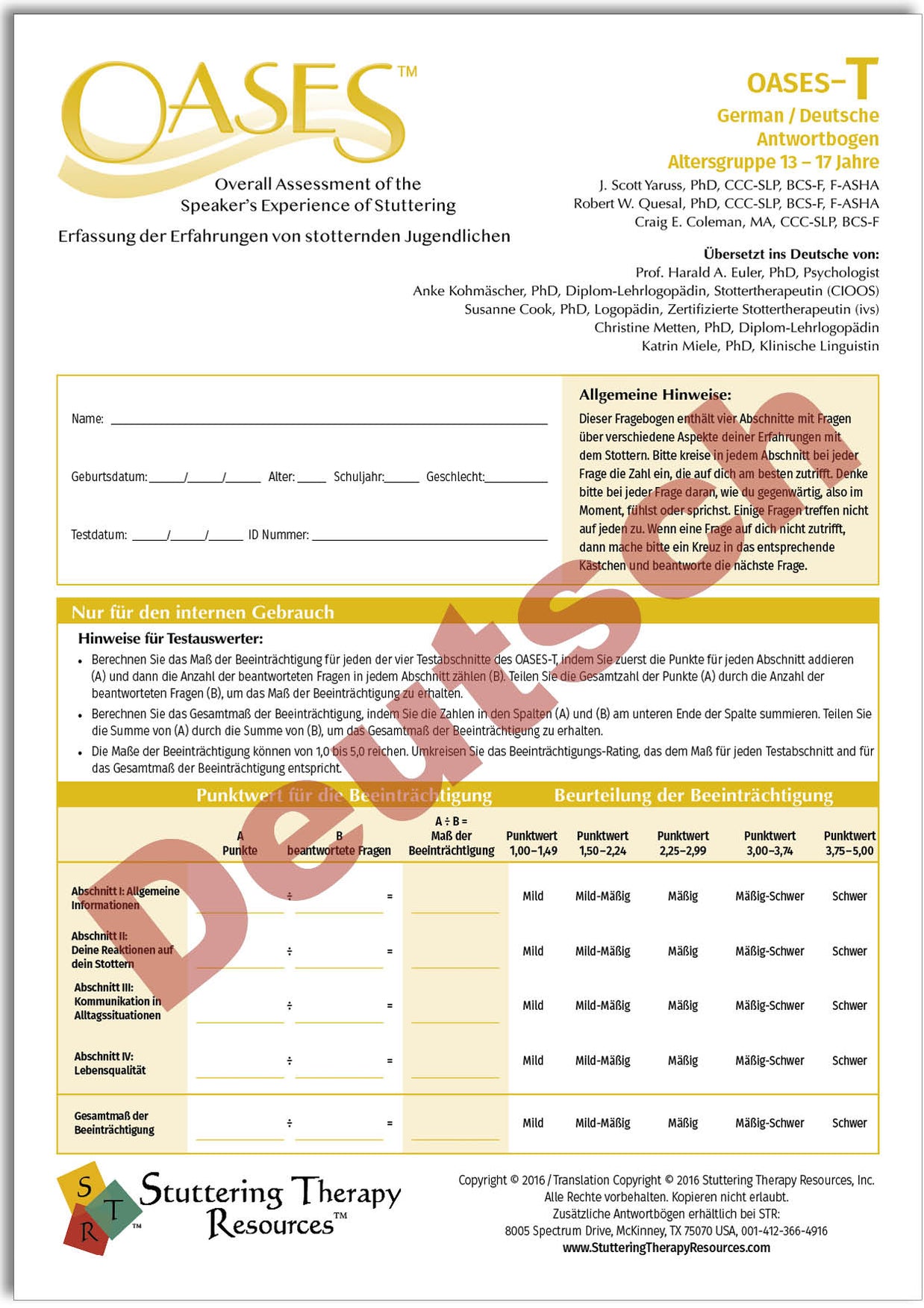 OASES German / Deutsch (Print-Your-Own) – Stuttering Therapy Resources