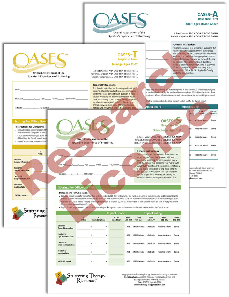 Stuttering Therapy Resources Overall Assessment of the Speaker's Experience of Stuttering OASES Research License Composite Image
