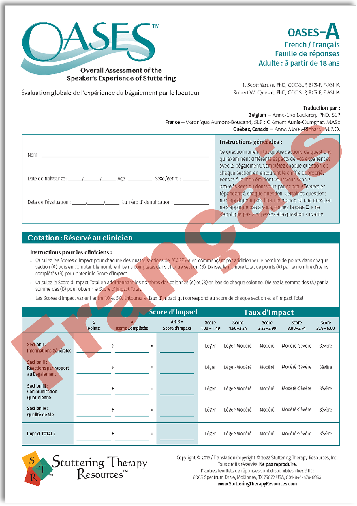 OASES French / Français (Print-Your-Own) – Stuttering Therapy Resources