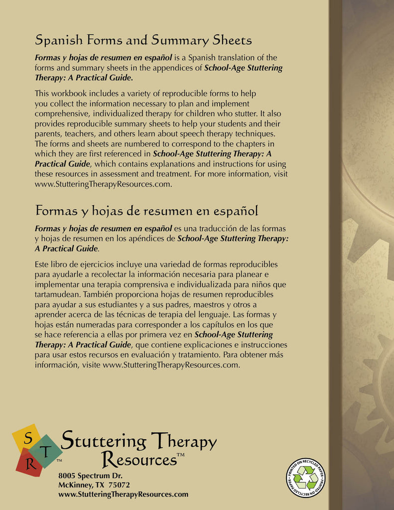 Stuttering Therapy Resources School-Age Practical Guide Forms and Summary Sheets Spanish Formas y Hojas Español Front Cover Back Cover